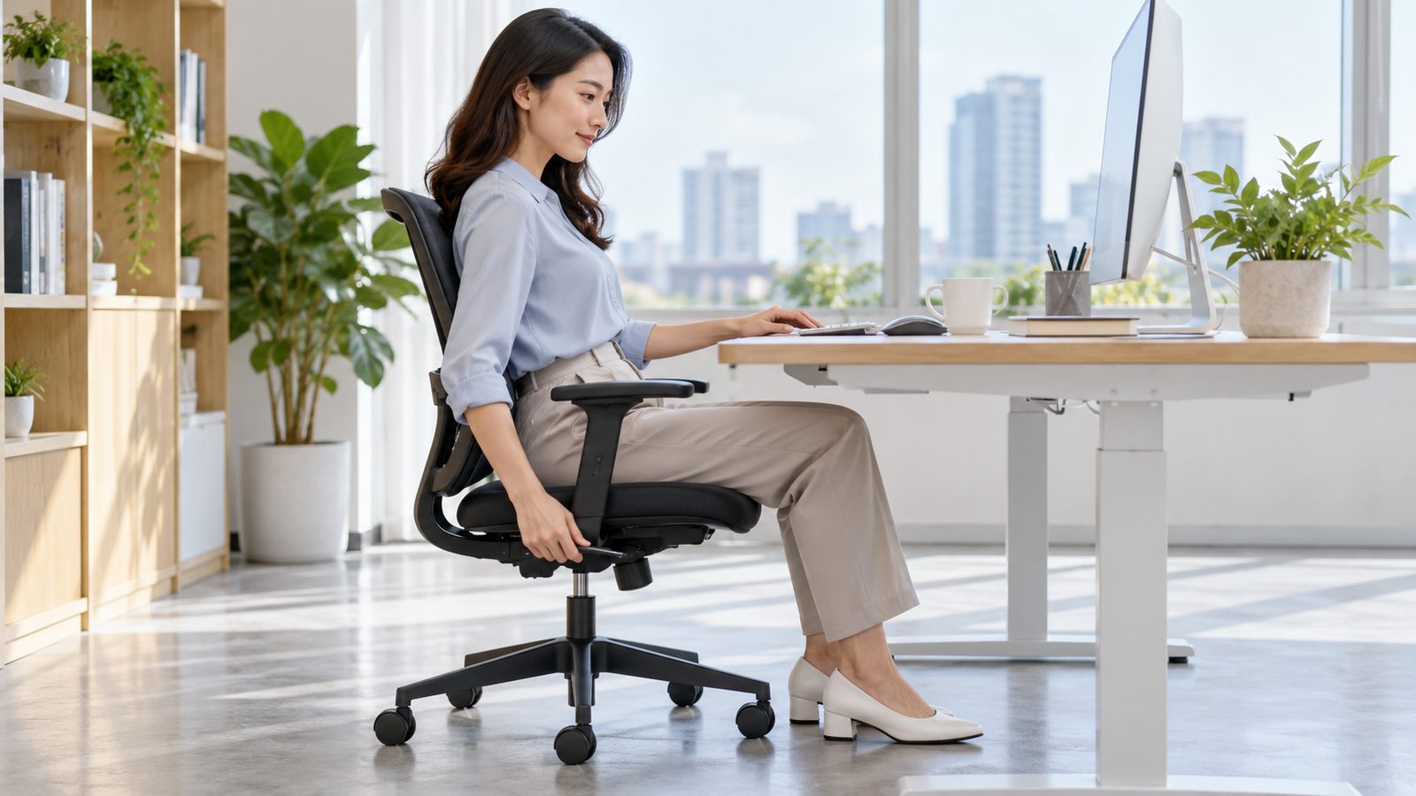 Nhân viên điều chỉnh chiều cao ghế phù hợp với mặt bàn làm việc