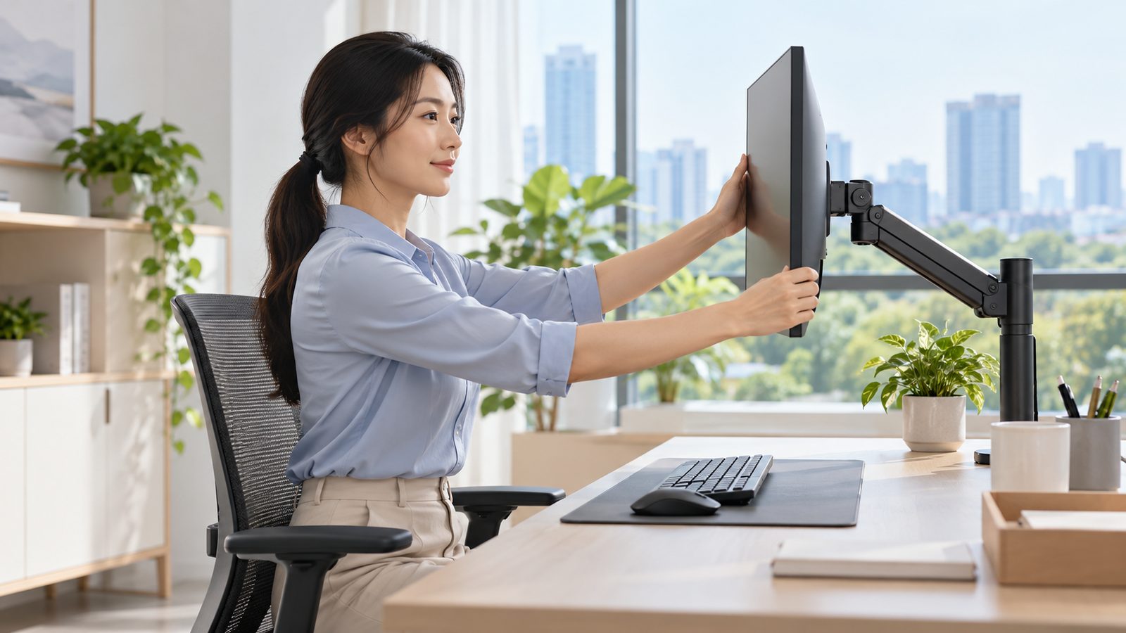 Nhân viên điều chỉnh màn hình máy tính ngang tầm mắt