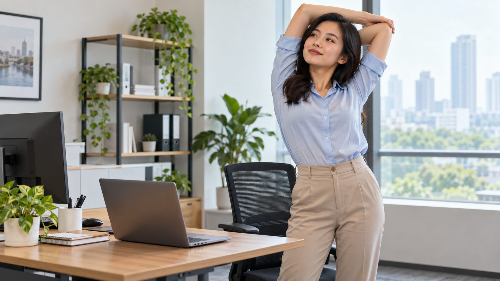 Nhân viên đứng dậy vận động nhẹ bên bàn làm việc