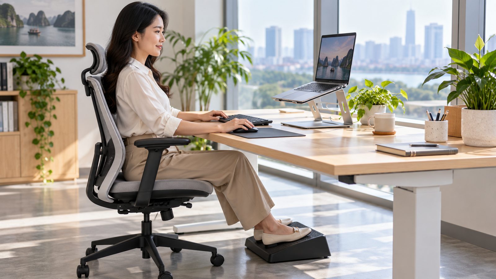 Nhân viên dùng laptop trên giá đỡ cùng bàn phím và chuột rời