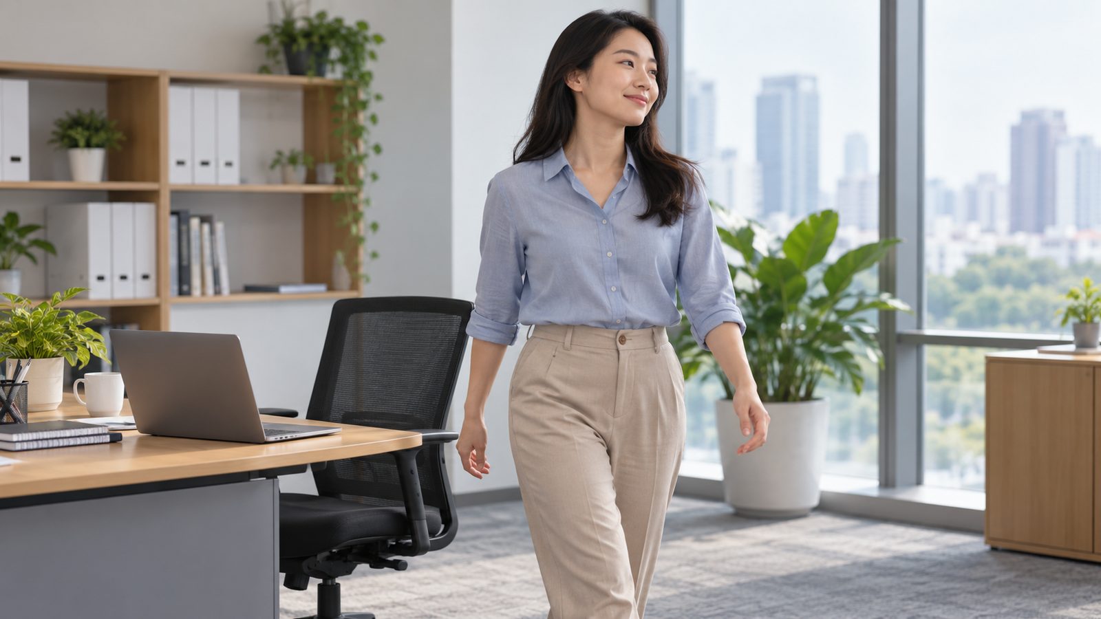 Nhân viên đứng dậy đi lại nhẹ bên bàn làm việc
