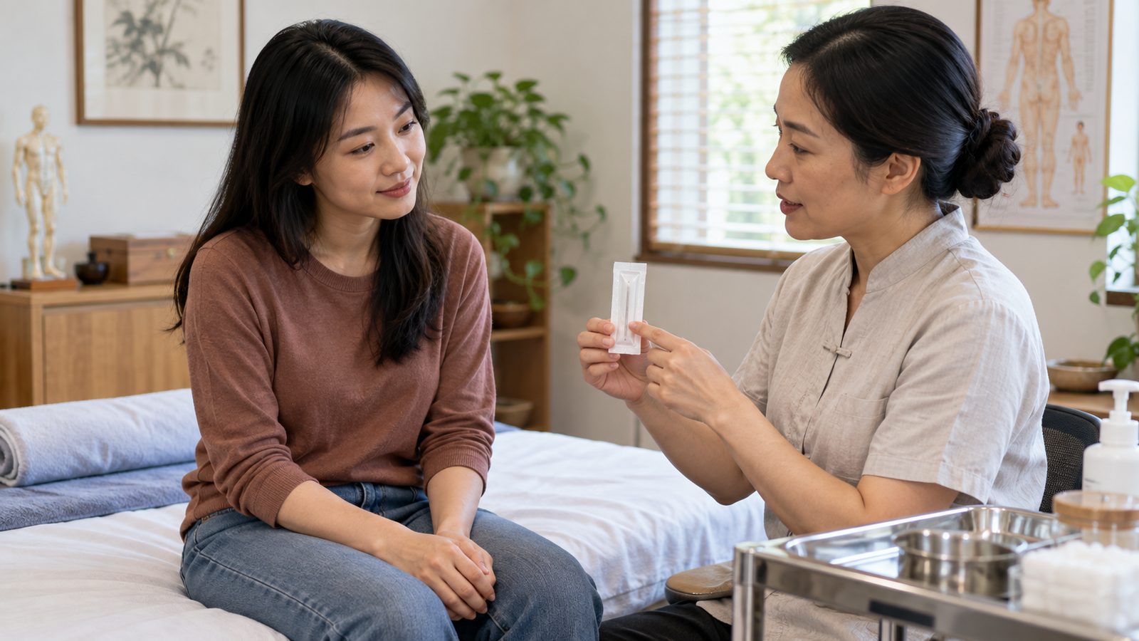 Người bệnh hỏi nhân viên y tế về kim châm cứu trước buổi đầu