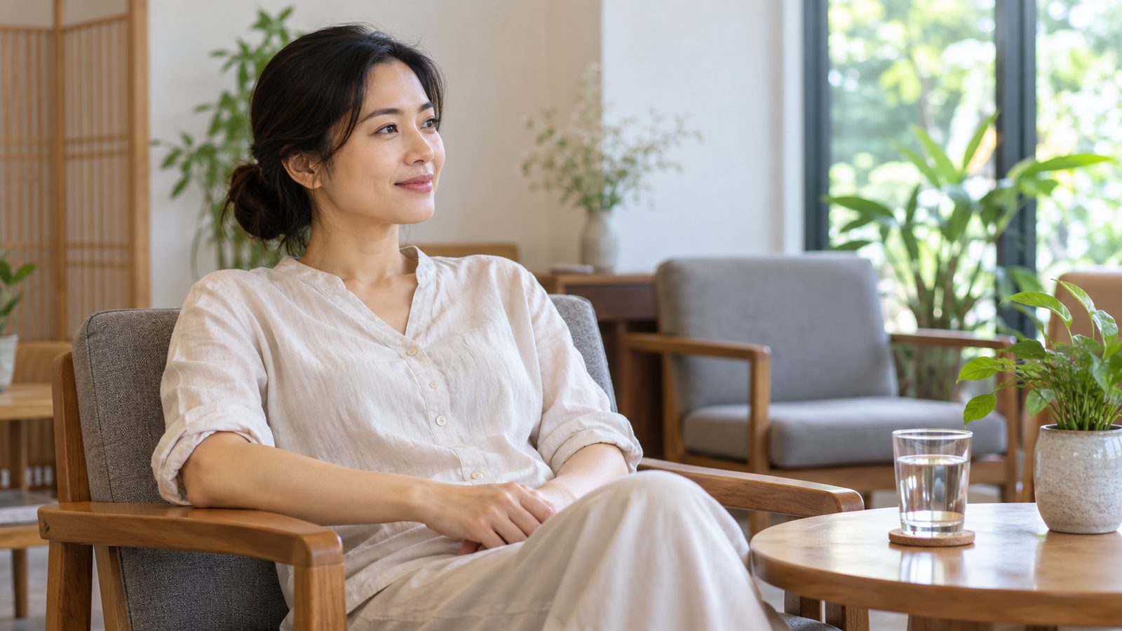 Người phụ nữ nghỉ ngắn sau buổi châm cứu trong không gian yên tĩnh