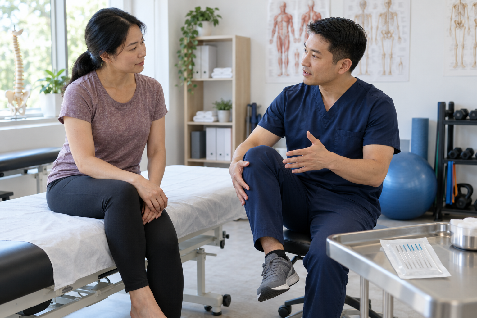Người bệnh trao đổi kế hoạch tập phục hồi và lựa chọn châm cứu với nhân viên y tế