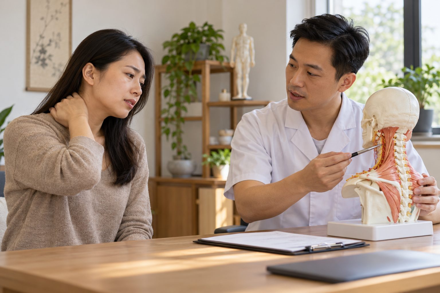 Người đau cổ vai gáy trao đổi với nhân viên y tế bên mô hình cột sống cổ