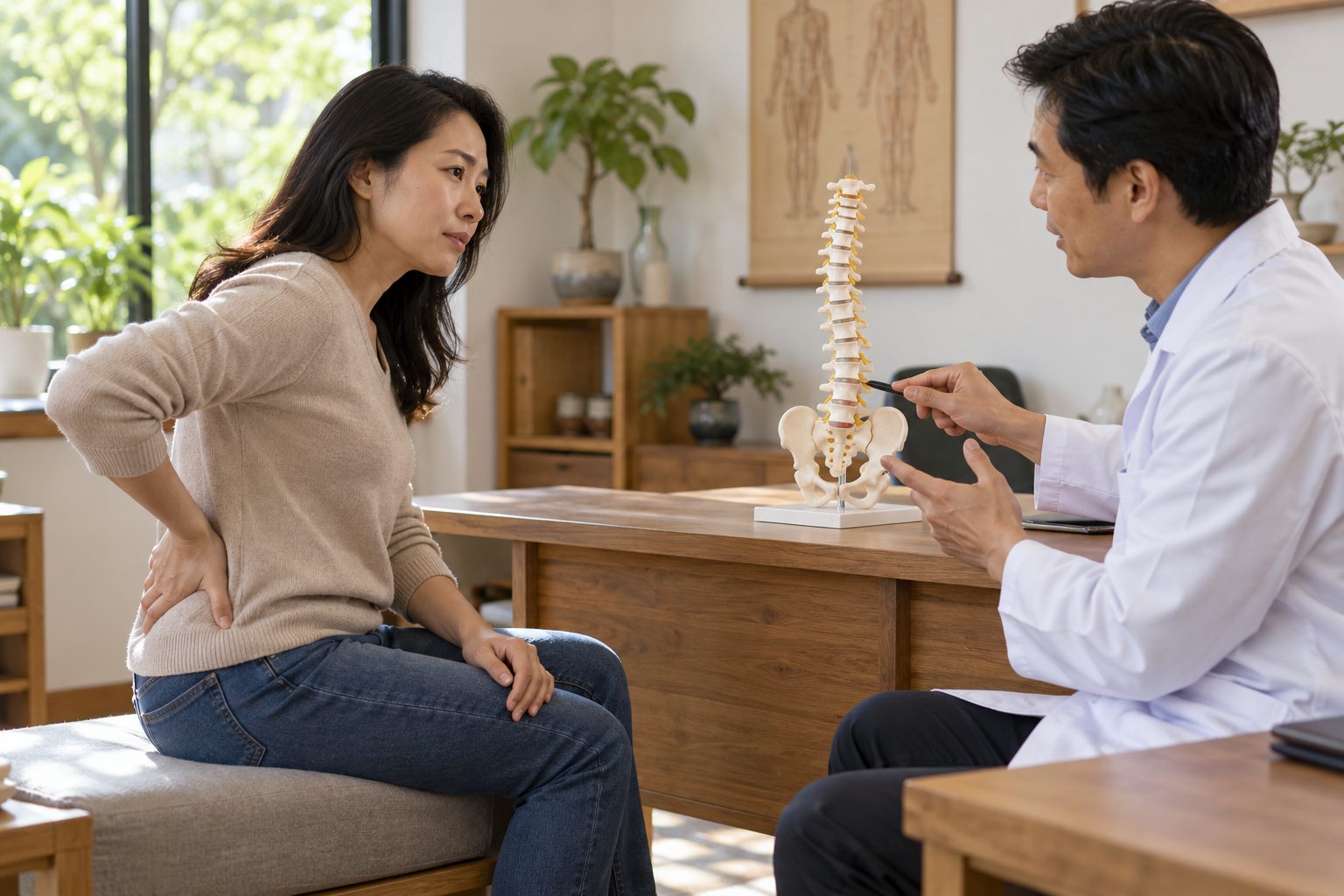 Người đau lưng trao đổi với nhân viên y tế bên mô hình cột sống thắt lưng
