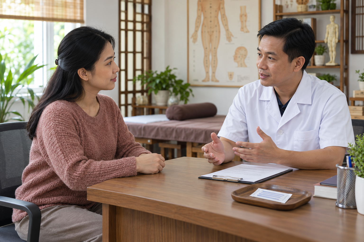 Người bệnh trao đổi với nhân viên y tế về phản ứng có thể gặp sau châm cứu