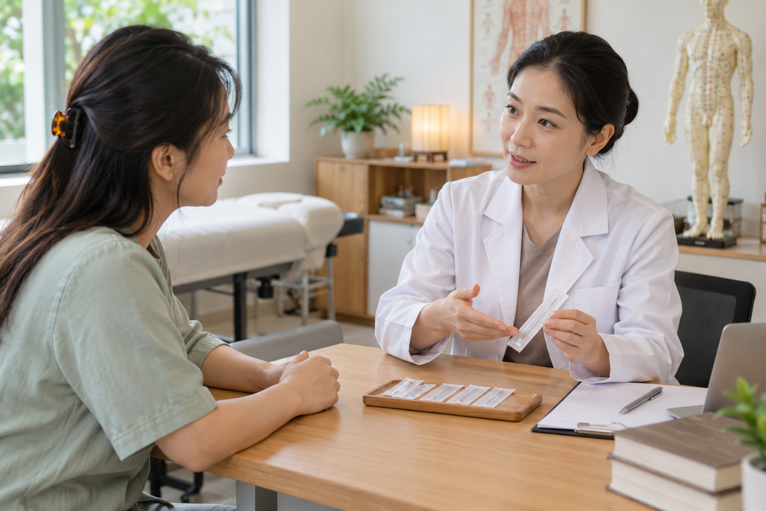 Người bệnh trao đổi về lựa chọn châm cứu an toàn tại phòng tư vấn