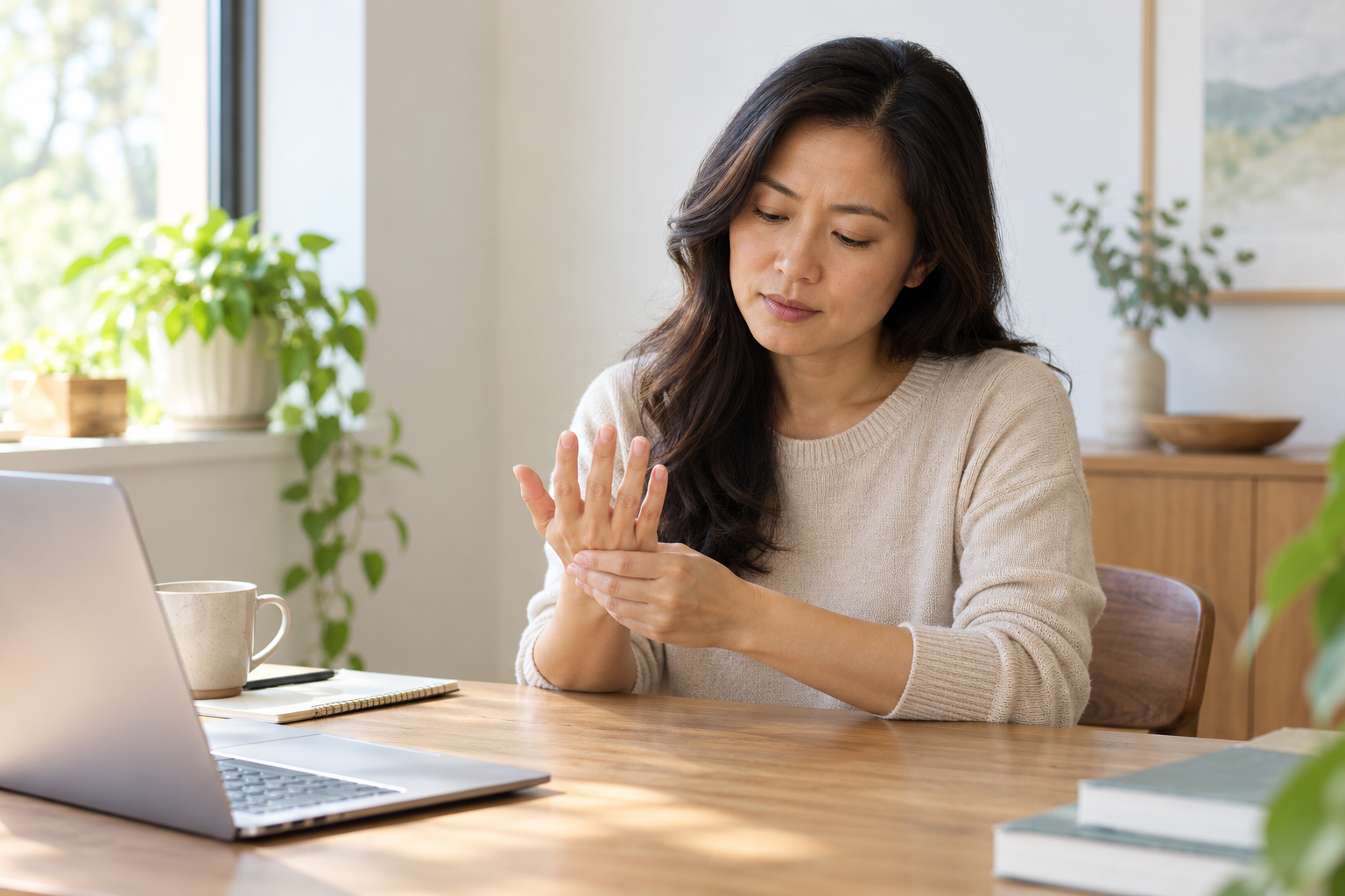 Người phụ nữ quan sát các đầu ngón tay khi cảm thấy tê