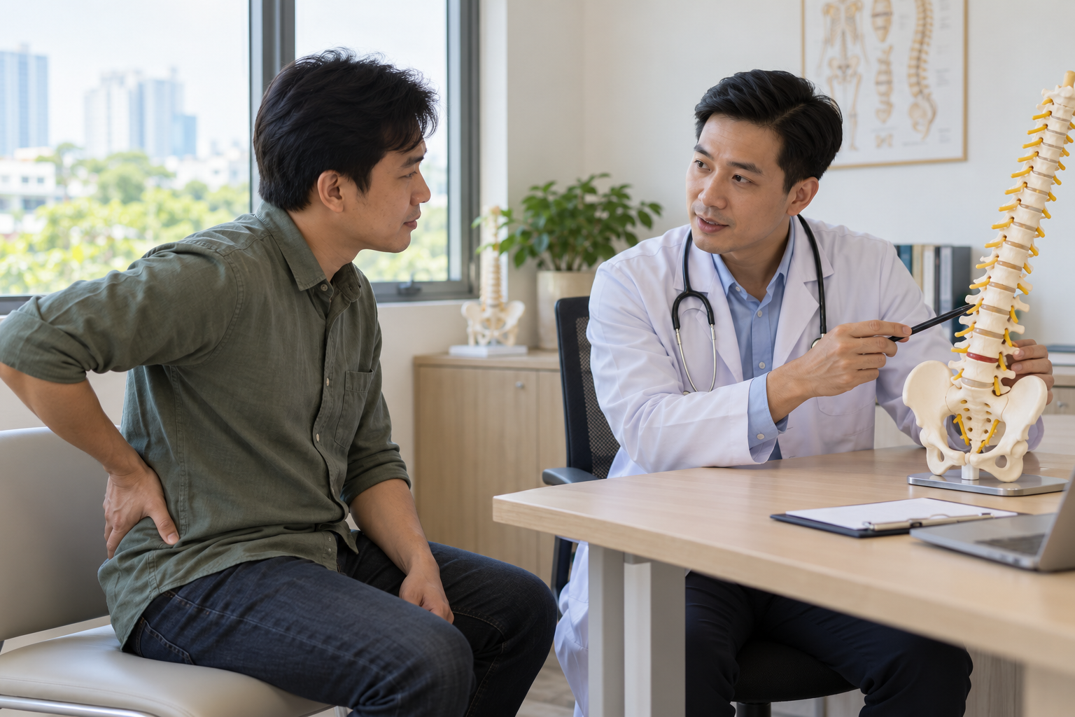 Người bệnh trao đổi với bác sĩ về việc có cần chụp MRI cột sống