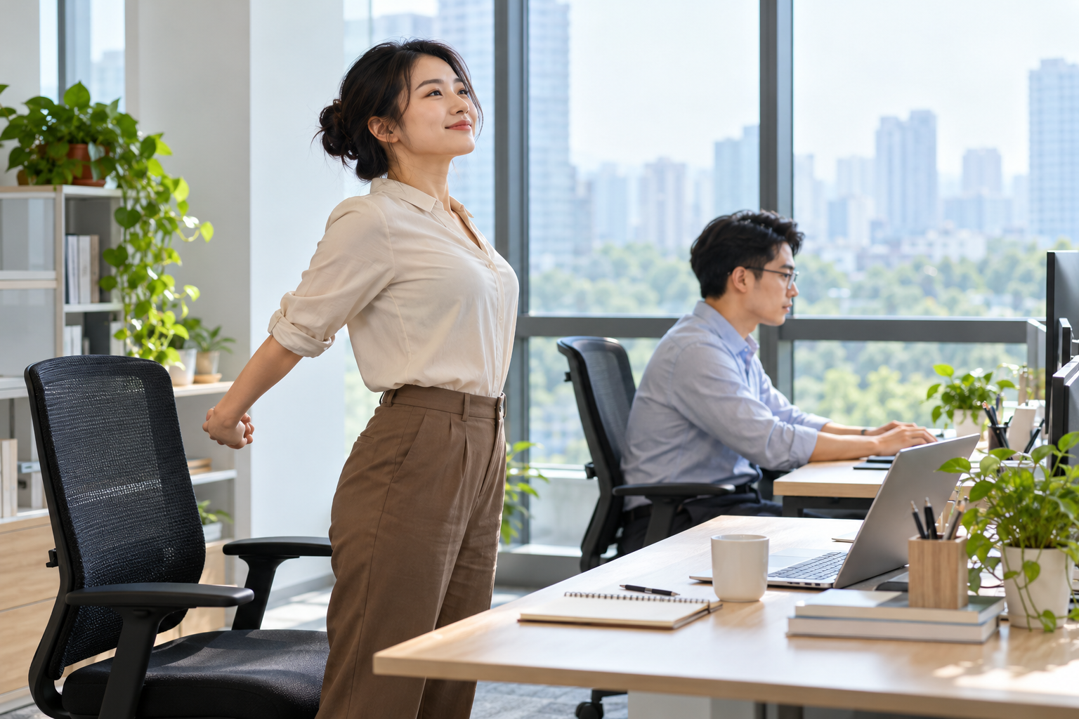 Nhân viên văn phòng đứng dậy vận động nhẹ giữa thời gian làm việc tại bàn
