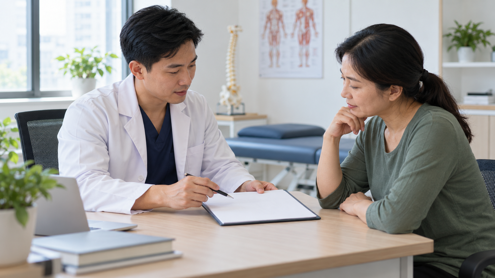 Người bệnh và nhân viên y tế cùng xem một tài liệu không chứa thông tin nhận dạng