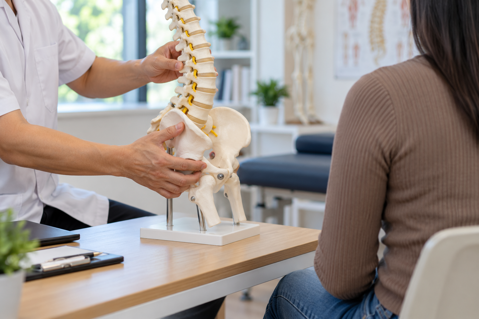 Nhân viên y tế giải thích cấu trúc cột sống thắt lưng trên mô hình