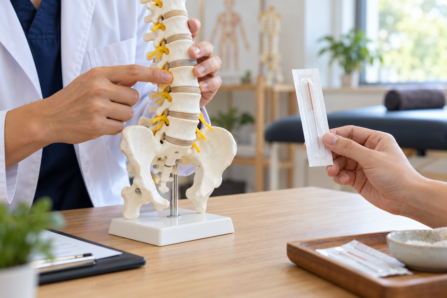 Mô hình cột sống và gói kim châm vô khuẩn minh họa hai kỹ thuật khác nhau