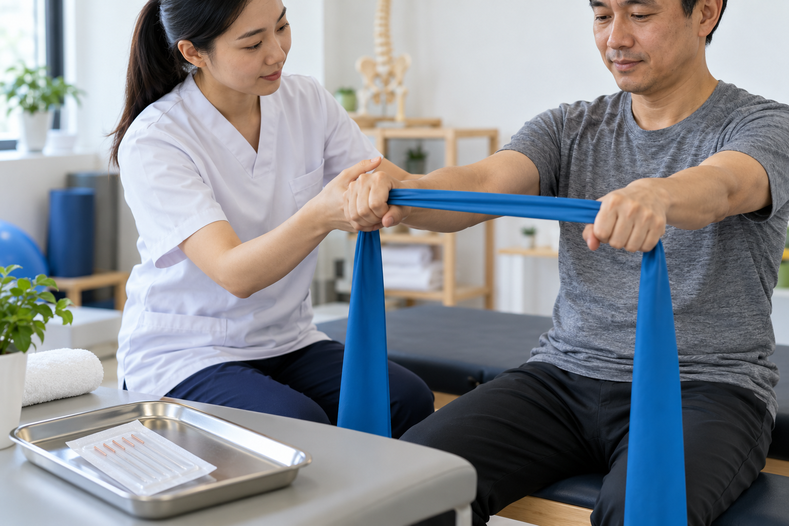 Nhân viên y tế hướng dẫn bài tập dây đàn hồi bên cạnh khay kim châm vô khuẩn