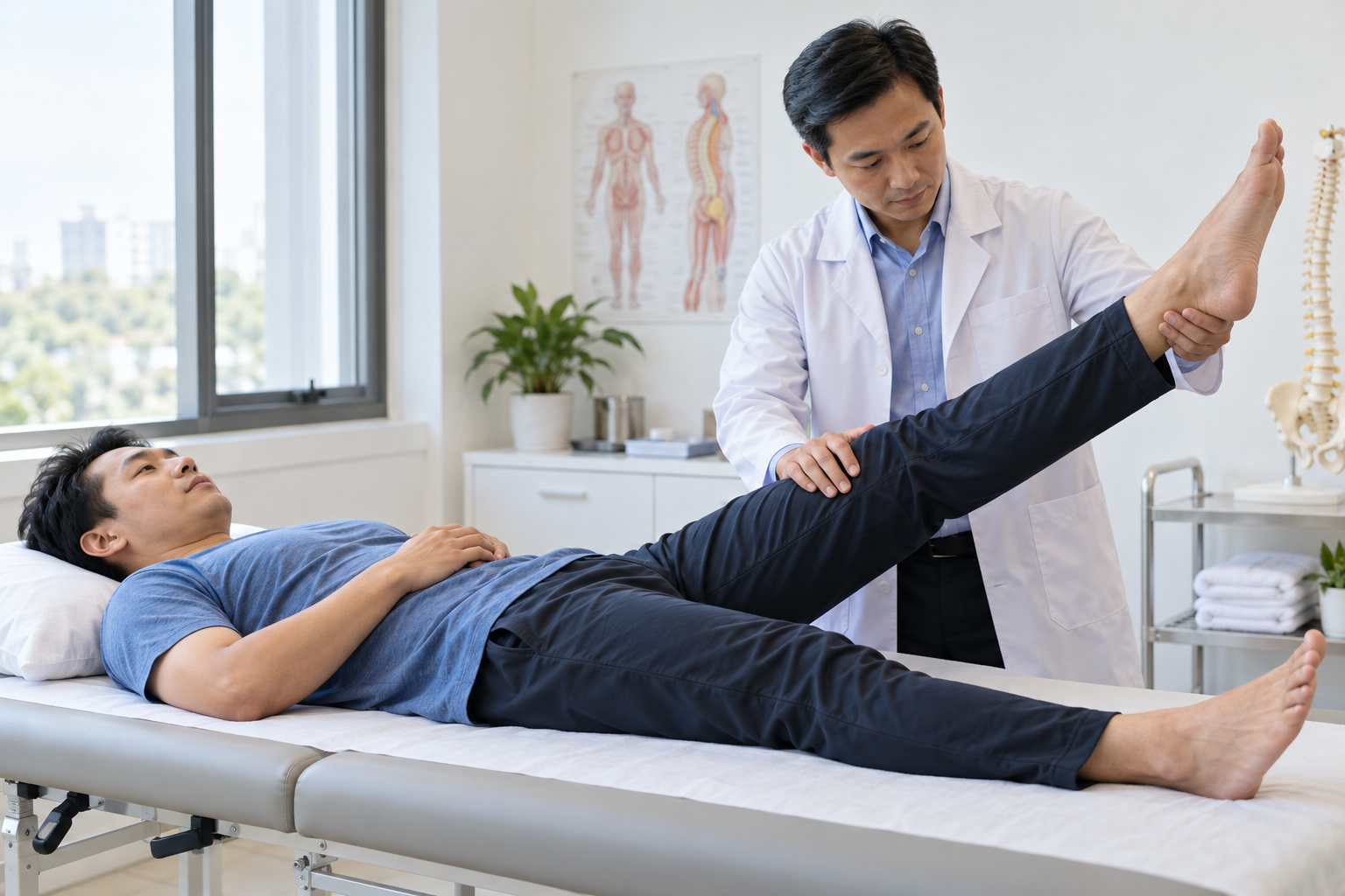 Nhân viên y tế đánh giá vận động chân cho người đau lan xuống chân