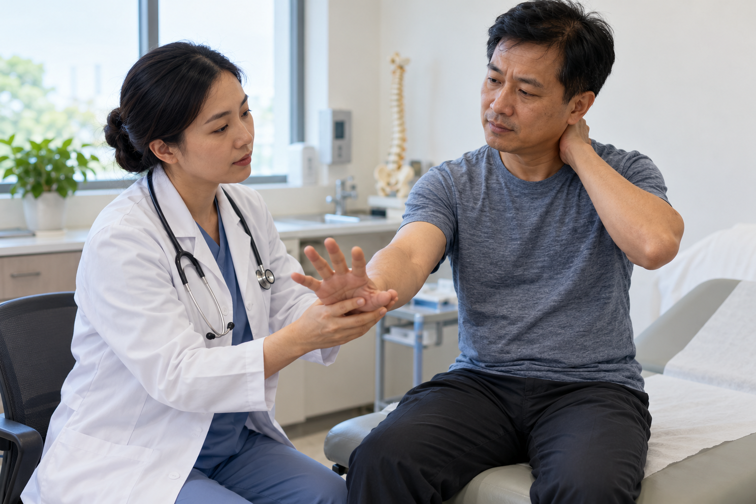 Nhân viên y tế kiểm tra vận động bàn tay khi đánh giá đau cổ và tê tay