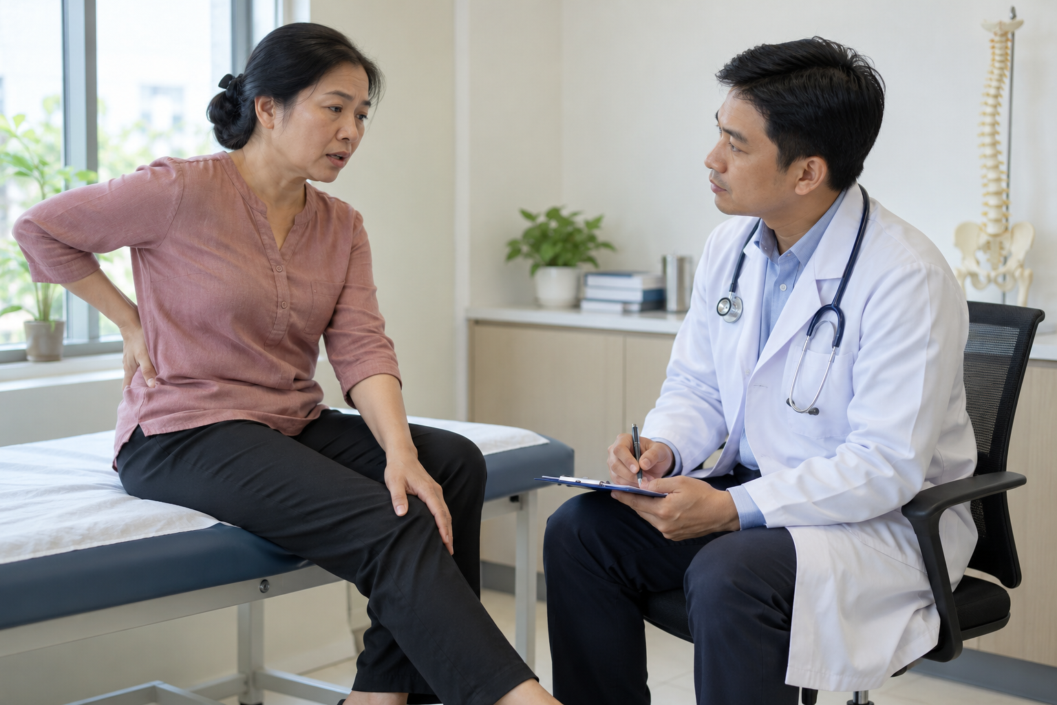 Nhân viên y tế trao đổi với người bệnh về đau lưng và cảm giác ở chân