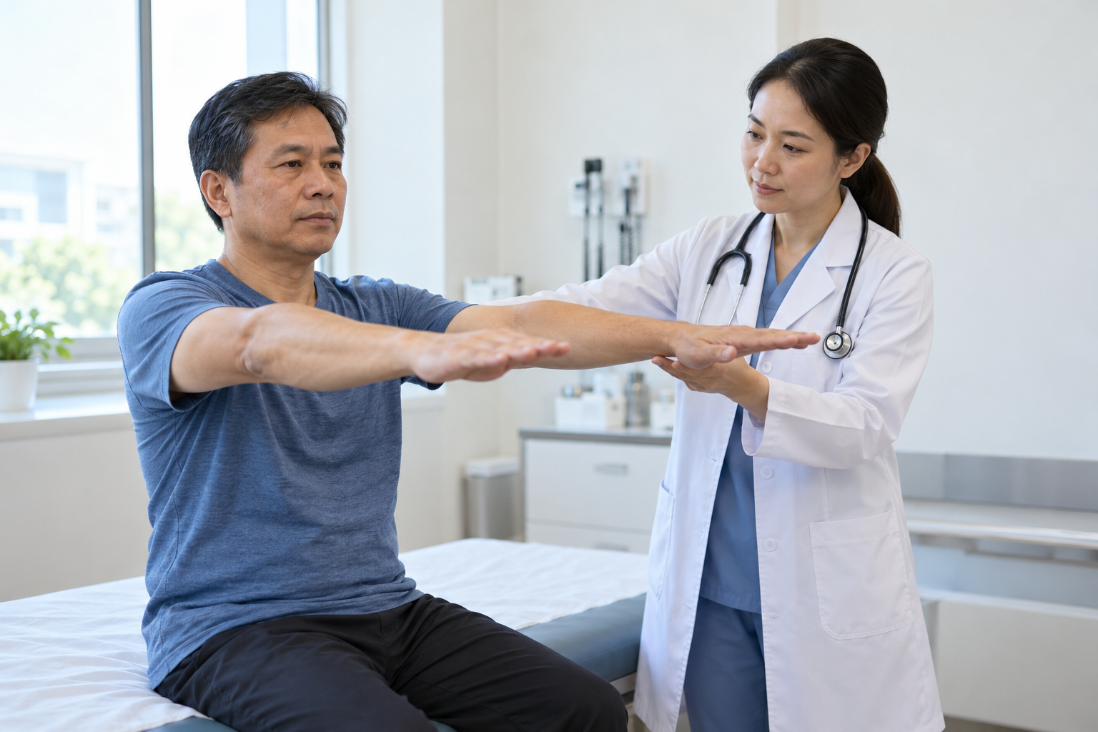 Nhân viên y tế quan sát khả năng nâng hai tay của người bệnh