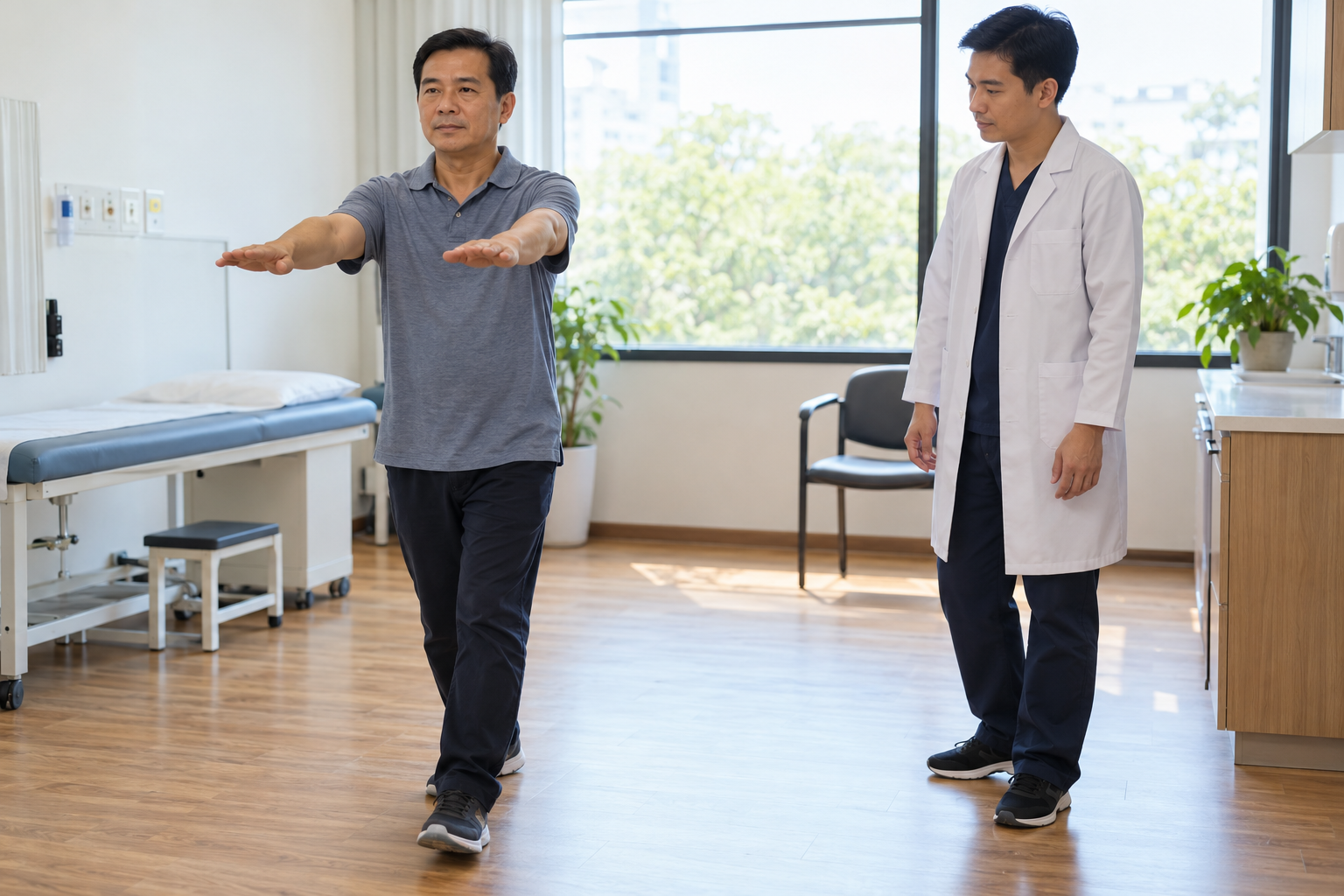 Nhân viên y tế quan sát vận động tay và dáng đi của người bệnh