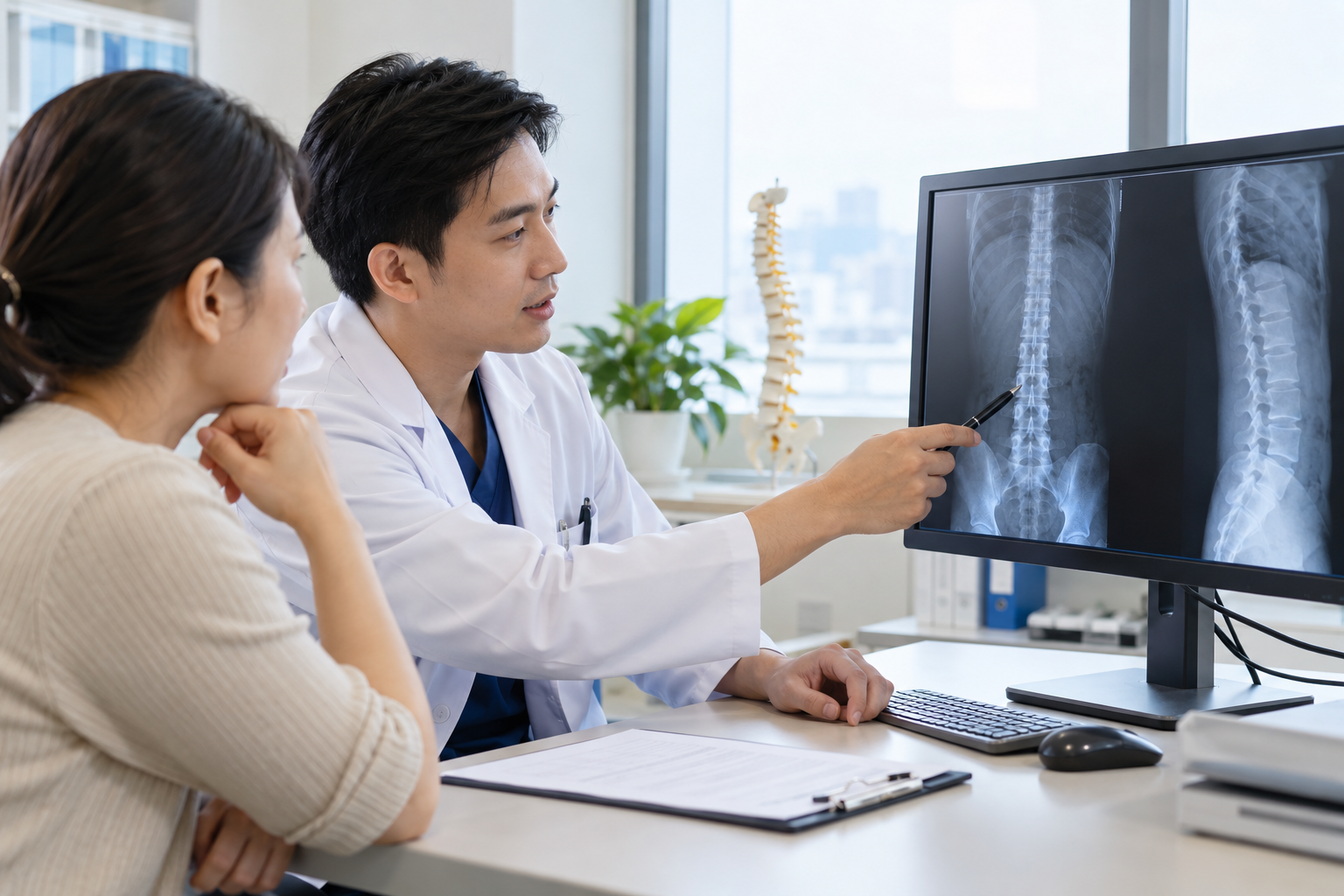 Nhân viên y tế giải thích hình ảnh X-quang cột sống cho người bệnh