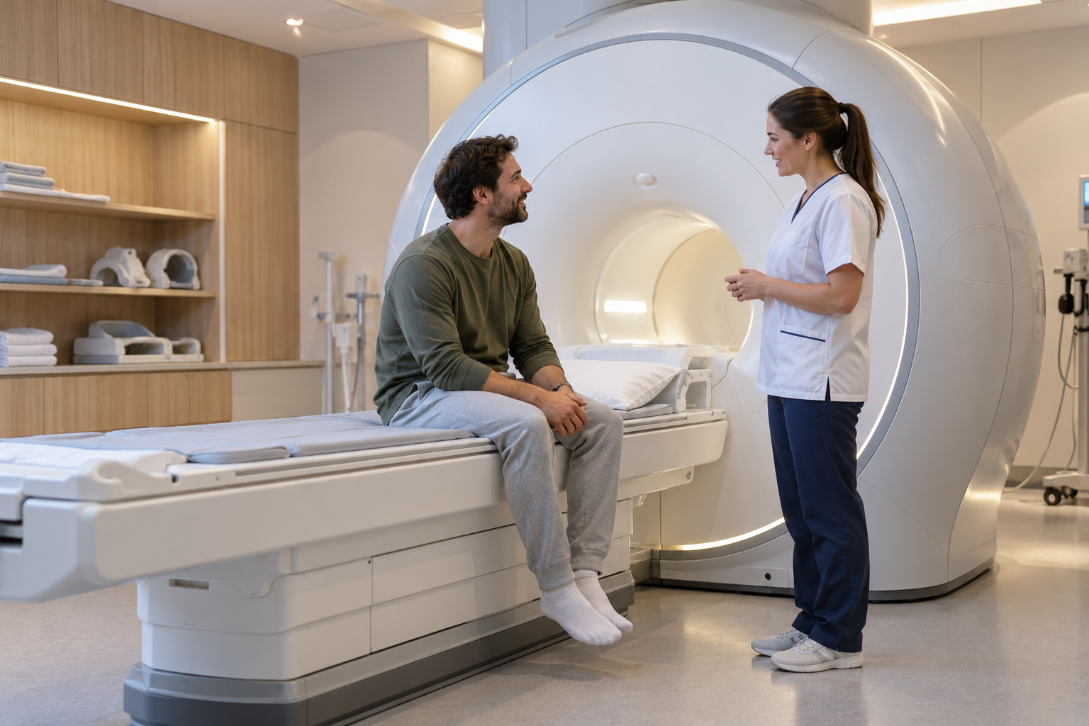 Máy chụp MRI cột sống và nhân viên y tế chuẩn bị cho người bệnh