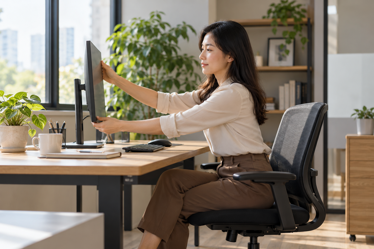 Nhân viên văn phòng điều chỉnh vị trí màn hình và ghế làm việc để thoải mái hơn