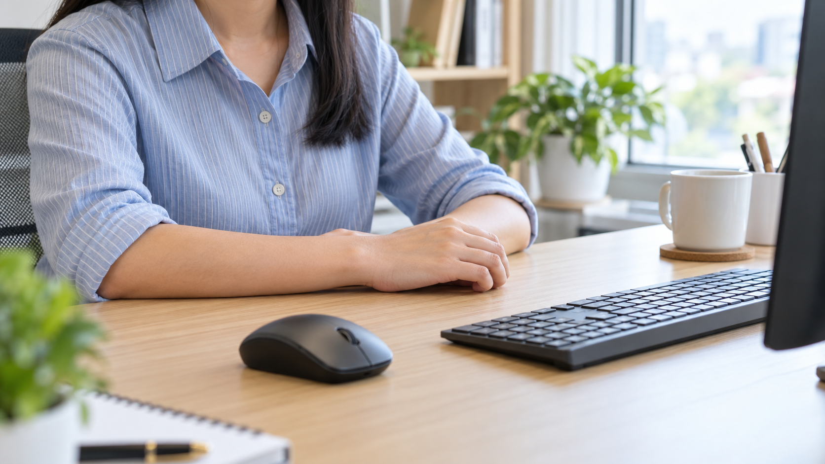 Người làm việc nghỉ ngắn và đặt tay cạnh bàn phím, chuột máy tính