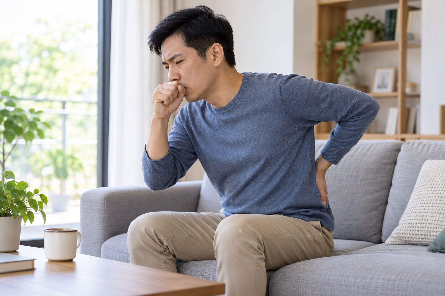 Người đàn ông đỡ vùng lưng khi ho tại nhà
