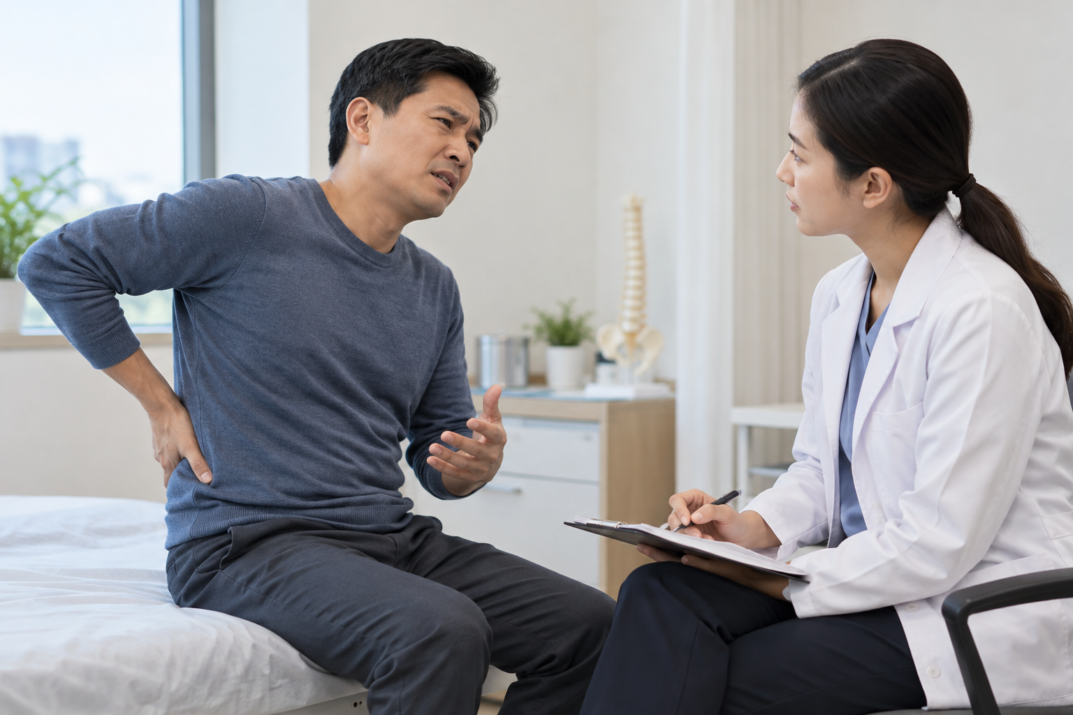 Nhân viên y tế lắng nghe người bệnh mô tả đau lưng khi ho