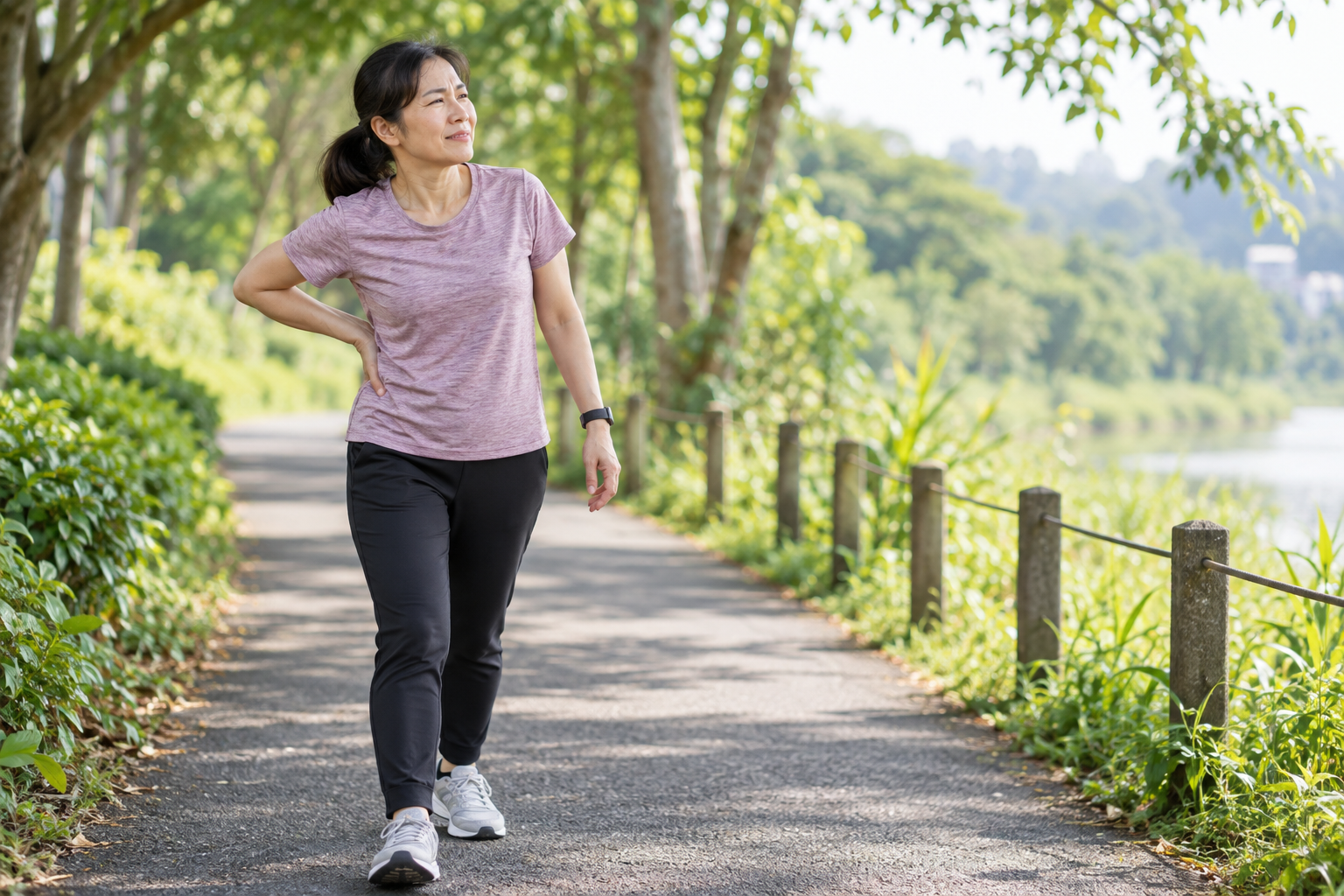 Người phụ nữ tạm dừng đi bộ vì khó chịu vùng lưng