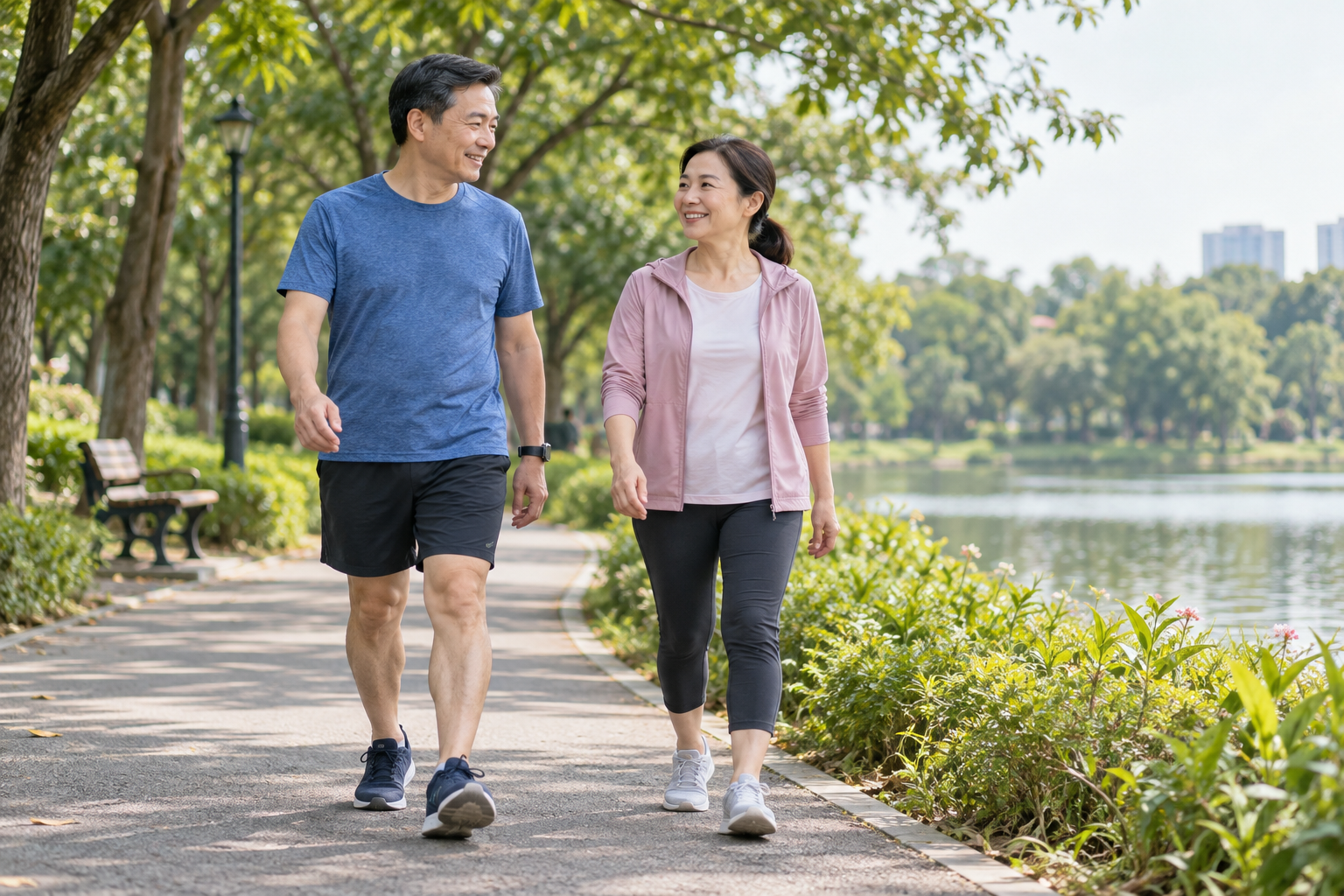 Hai người đi bộ nhẹ trên lối đi bằng phẳng trong công viên