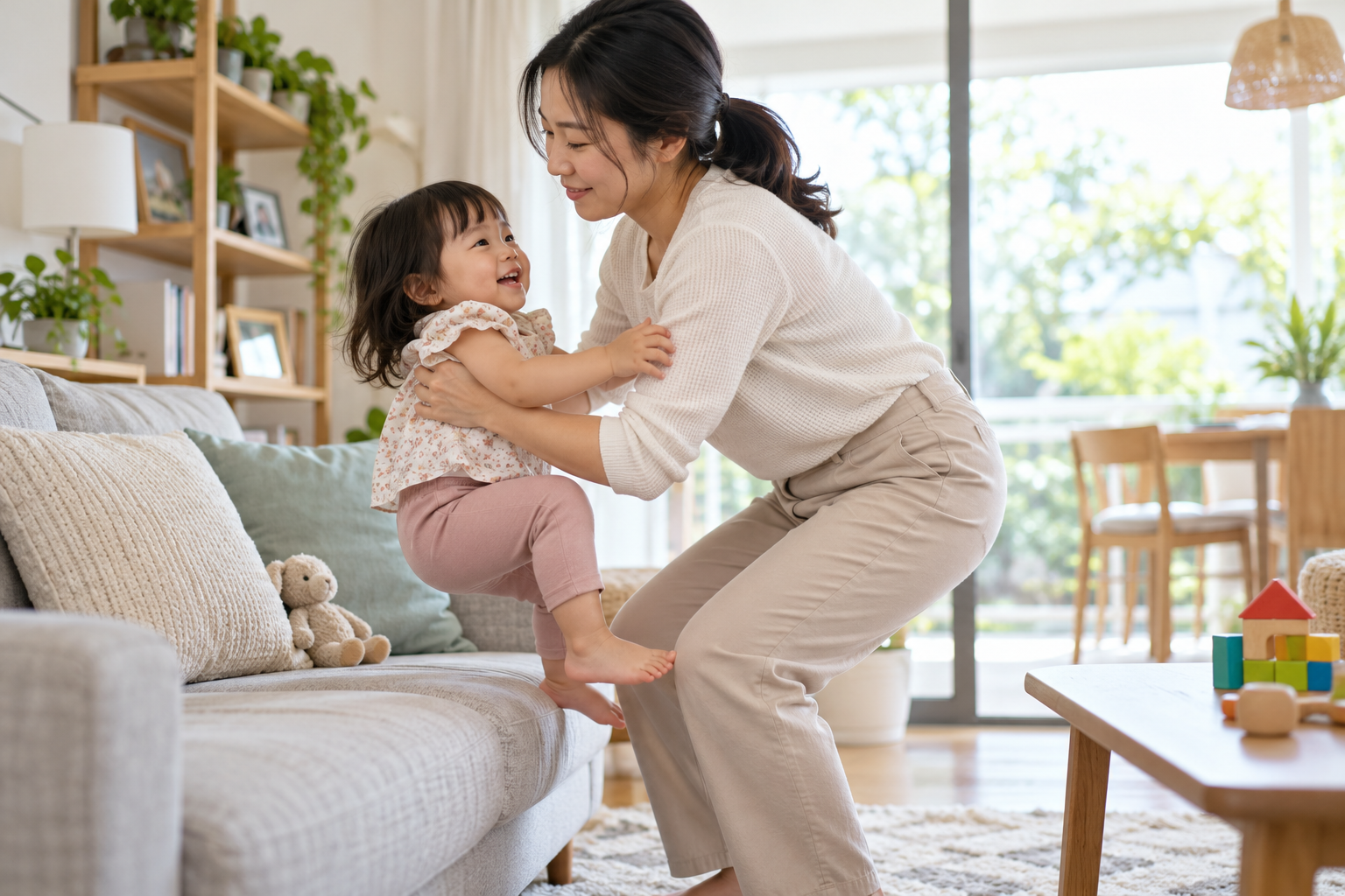 Người mẹ nhẹ nhàng nâng trẻ từ ghế sofa tại nhà