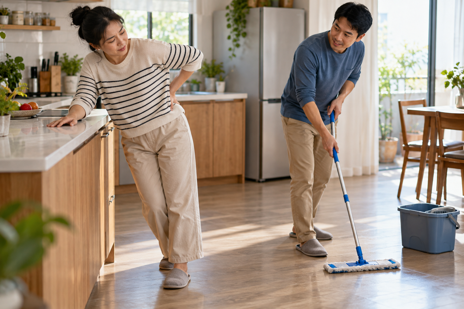 Hai người chia sẻ việc lau nhà khi một người cần nghỉ đổi tư thế