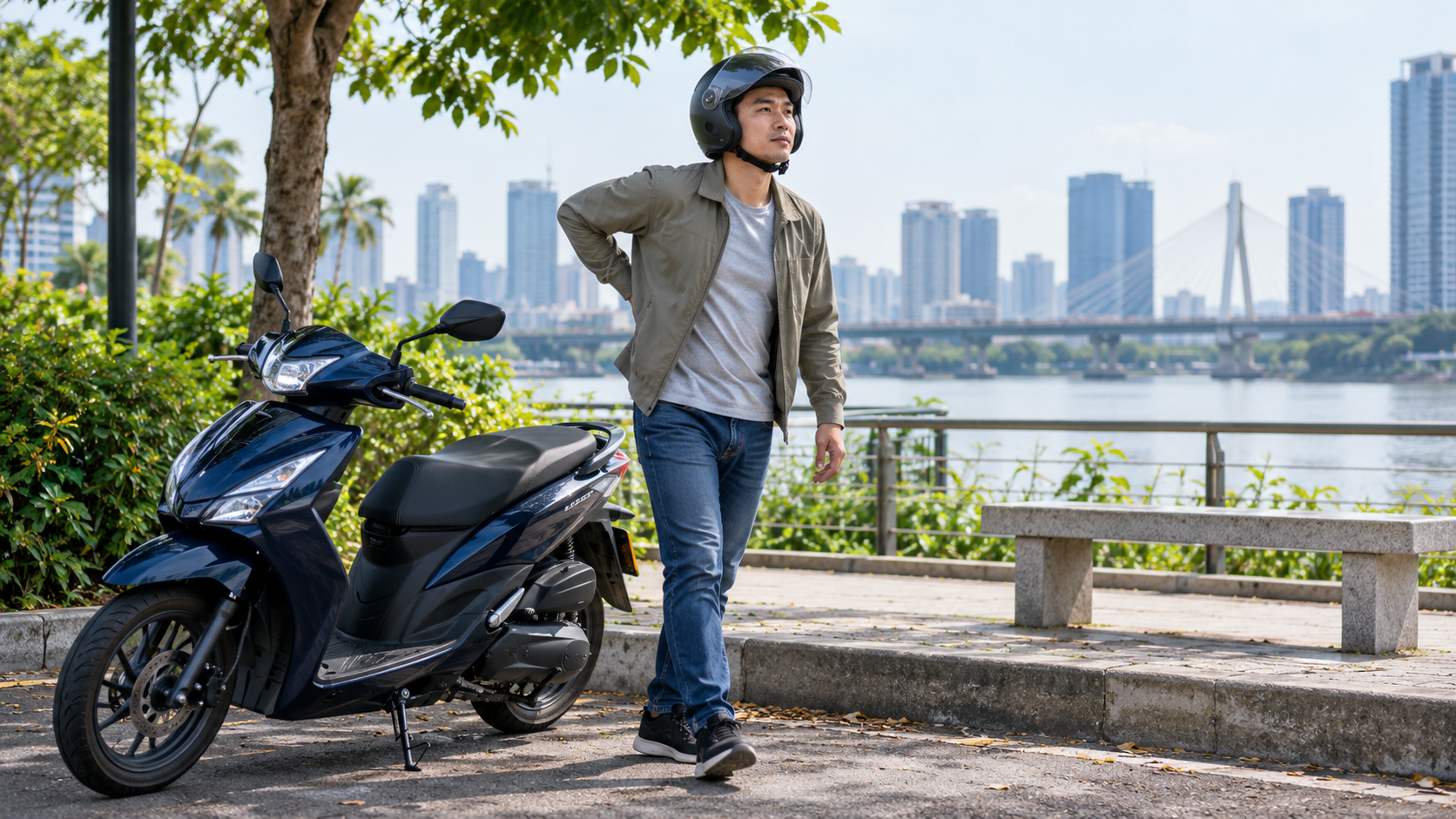 Người đi xe máy dừng nghỉ bên xe đã đỗ an toàn